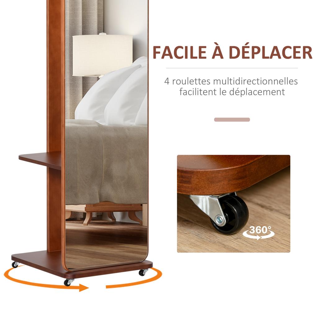 Standing Mirror with Wheels - Clothes Rack, 4 Hooks Shelf MDF Walnut Look