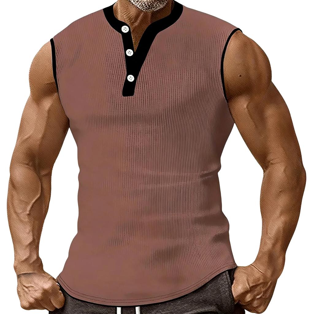 Canotta Henley da Uomo Senza Maniche con Bottoni Frontali Lavorazione a Coste Vestibilità Muscolare Classico Pullover Maglietta Sportiva Abbigliamento Casual