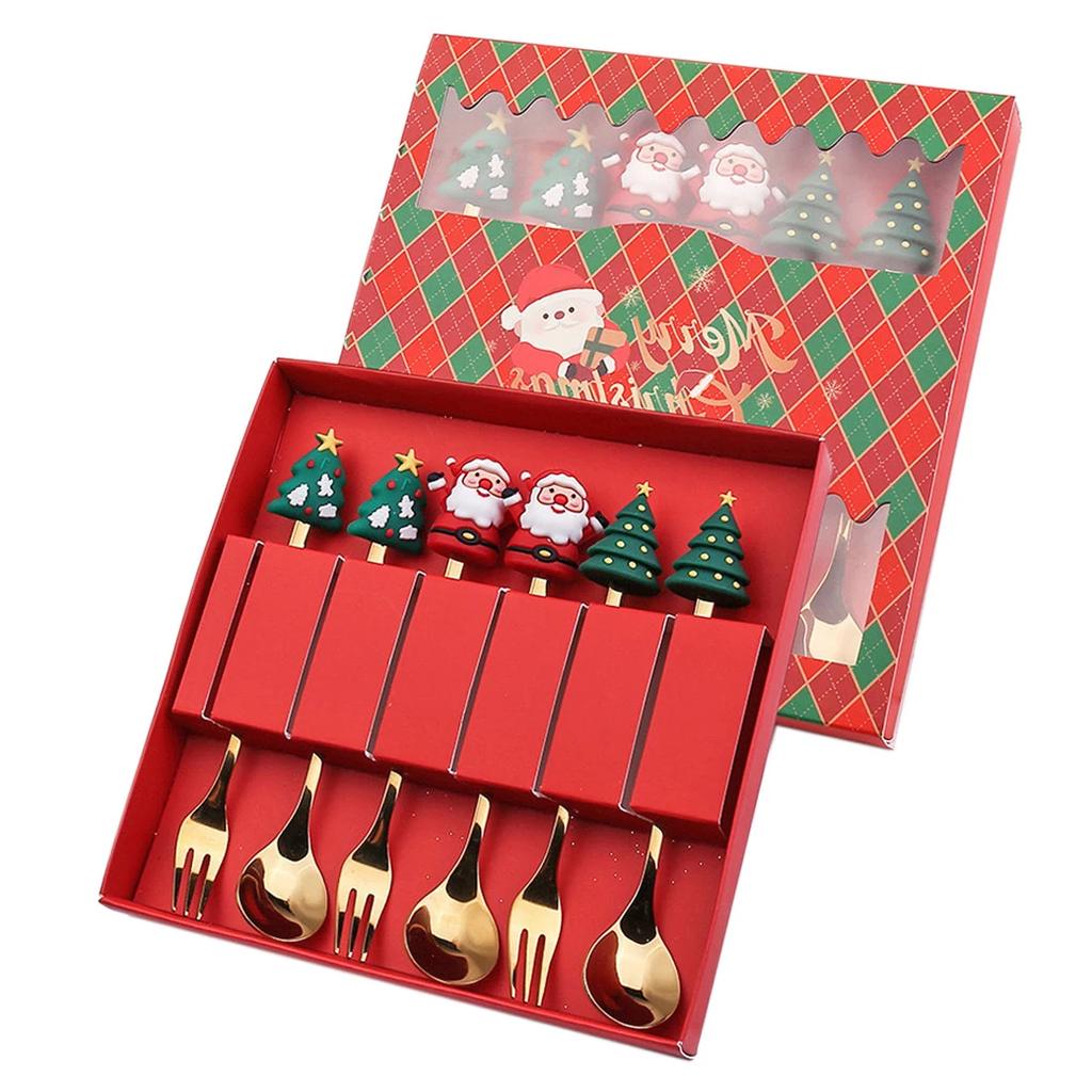2/4/6PCS Christmas Gift Glod Spoon Fork Set Elk Christmas Cutlery Set Tree Decoration Dessert Scoop Fruit Fork Coffee Spoon