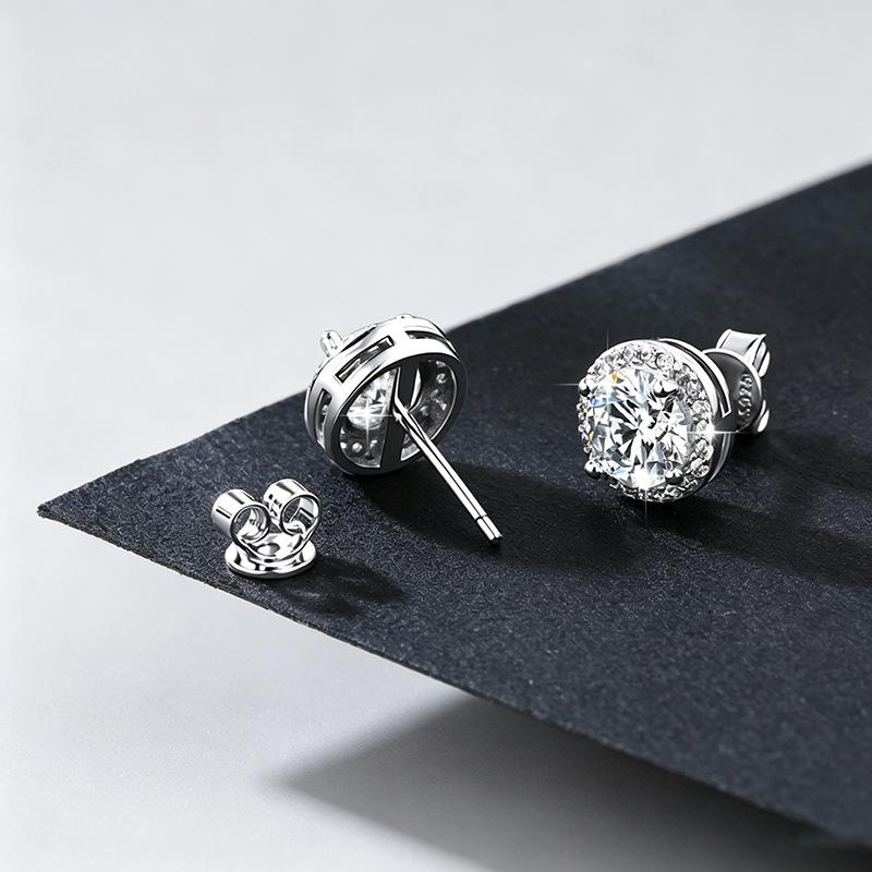 Moissanite Starry Sky Round Halo Stud Earrings, 1 Carat, S925 Sterling Silver, Light Luxury Hip Hop Design for Men.