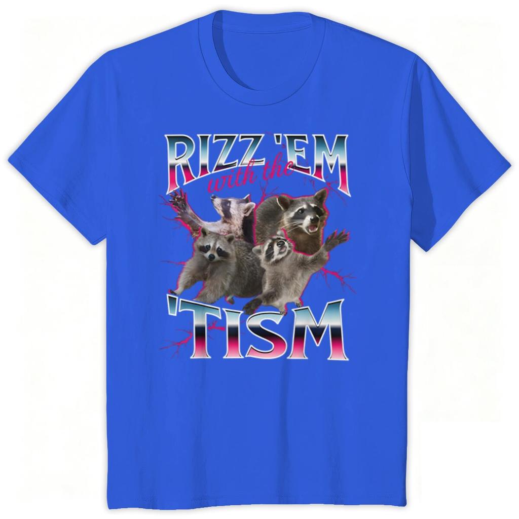 Unisexs Tshirt Rizz Em With The Tism Autism Racoon Print Tees Tops Retro Meme Print Clothes Funny Raccoon Meme Short Sleeve Tee