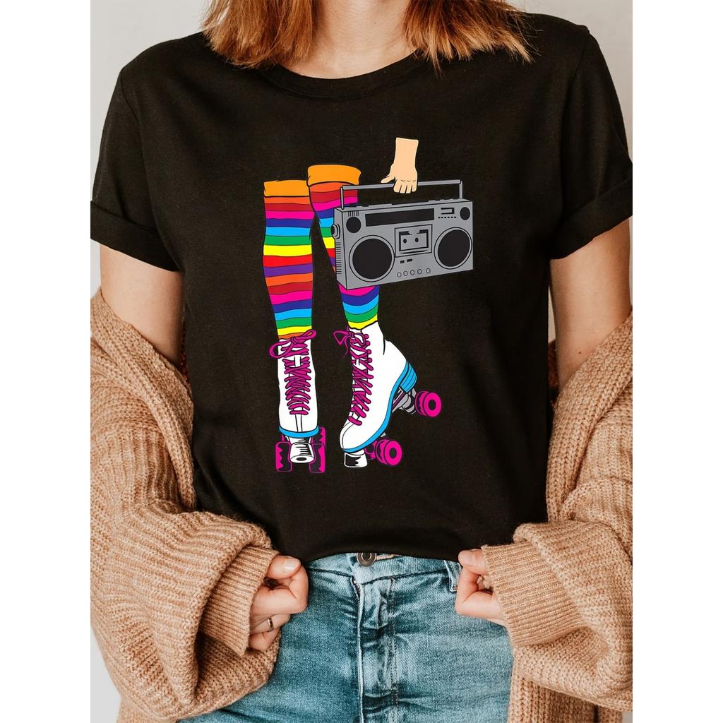 Retro Rollschuh Druck T-Shirt, Kurzarm Rundhals Lässiges Oberteil für Sommer & Frühling, Damenbekleidung