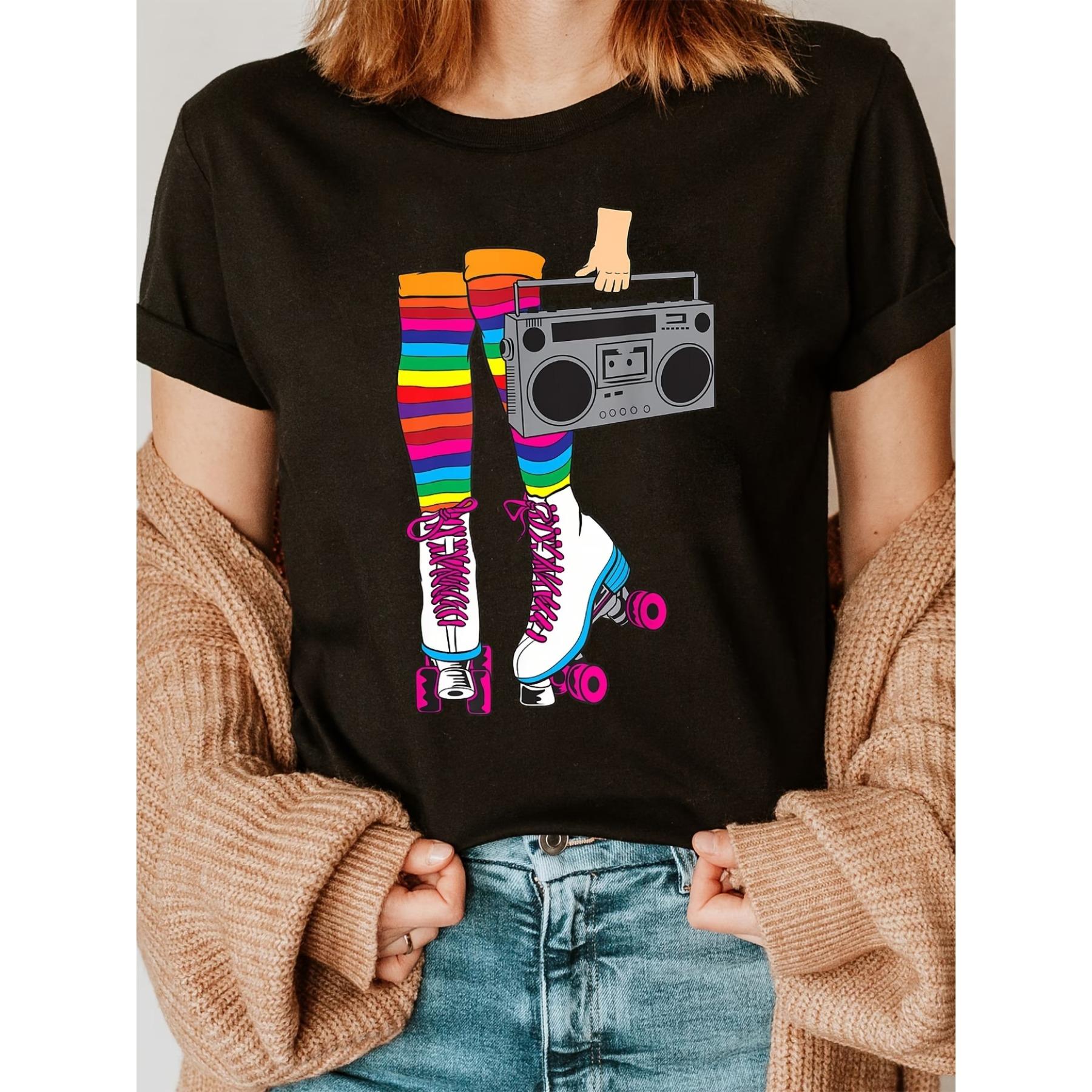 

Футболка с ретро-принтом на роликовых коньках, с коротким рукавом, круглым вырезом, повседневный топ для лета и весны, женская одежда S чёрный