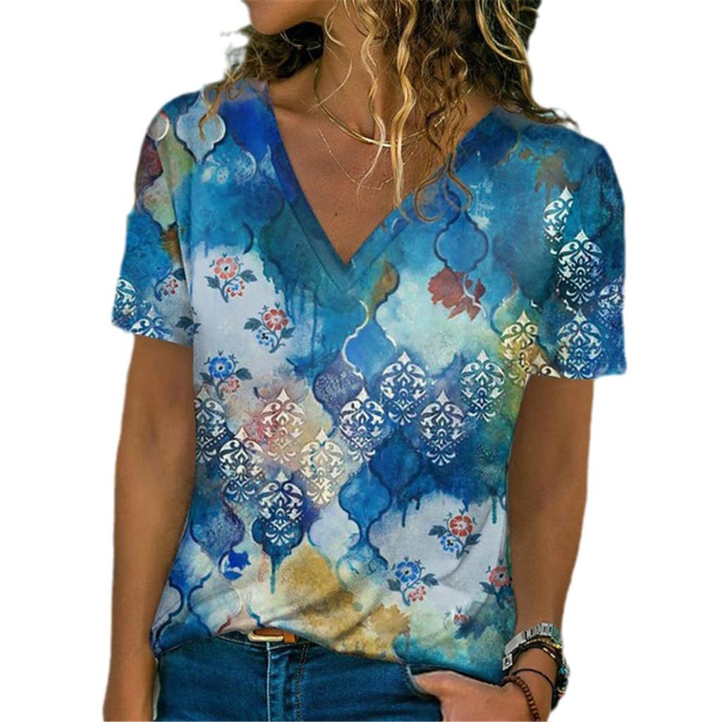Summer New Women's T-Shirt 3D Vintage Gradient Floral Print V-Neck Short Sleeve Shirt Fashion Ladie T-Shirt Clothing Y2k T-Shirt