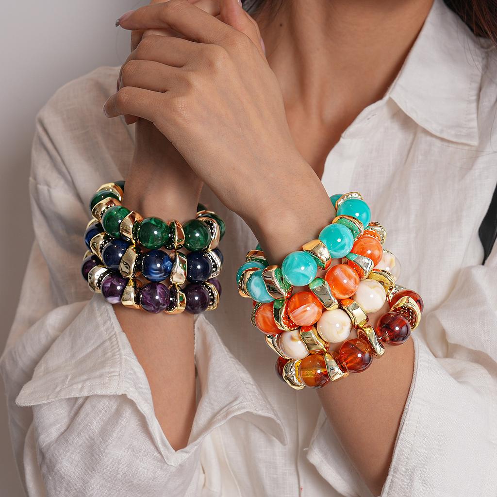 Acrylic Round Beaded Bracelet Irregular Geometric Metal Splicing Bangle for Women Imitation Stone Chain Bracelet Accessories