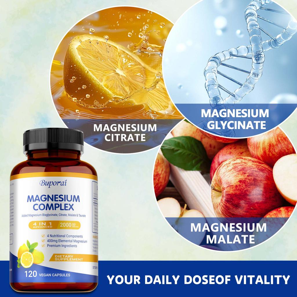Complesso di magnesio e glicina 4 in 1 promuove la salute delle ossa e il benessere generale; vegano e adatto agli adulti.