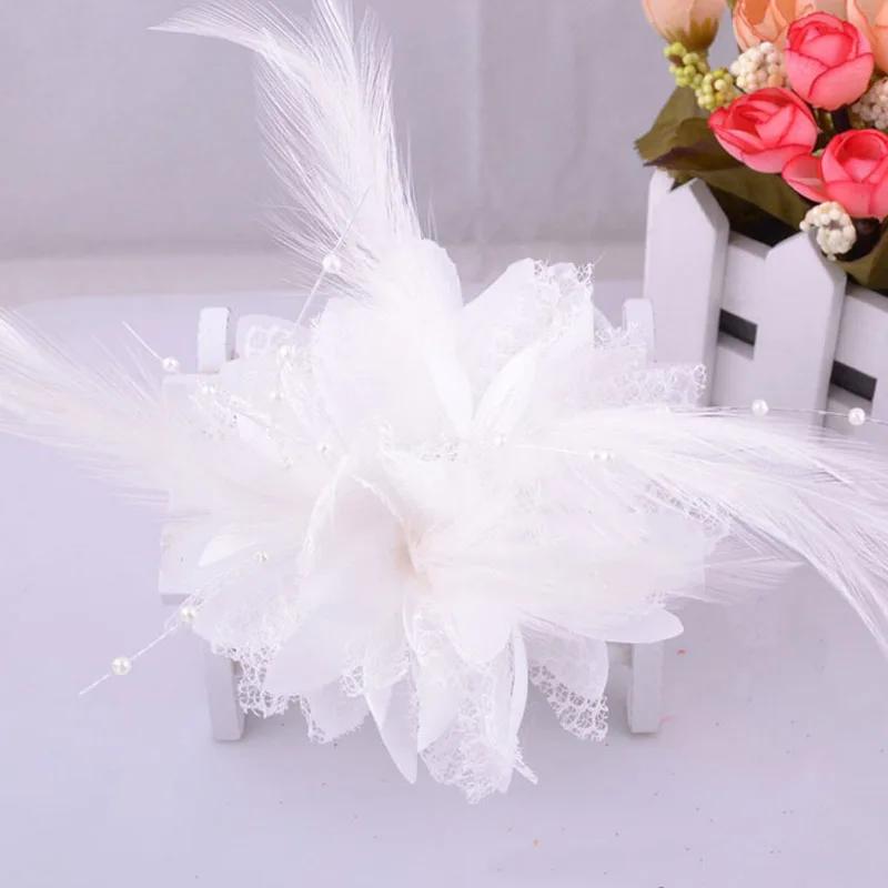 Women's Fashion Flower Feather Bead Corsage Hair Clip Bridal Hairband Brooch Pin Brida Barrettes Hair Mesh Accessories Jewelry