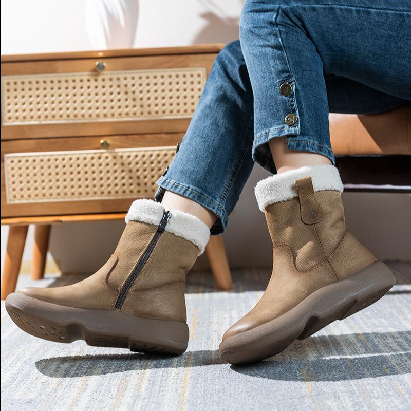 Comfort Warm Fluffy Snow Boots Women Luxury Leather Sewing Side Zipper Designer Boots Vintage Brown Soft Leather Platform Boots