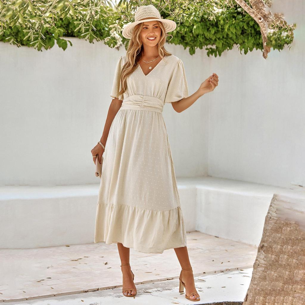 Women Spring Solid Color V-Neck Short Lotus Leaf Sleeve Dress Summer Casual A-Line High Waist Long Dresses S-XL