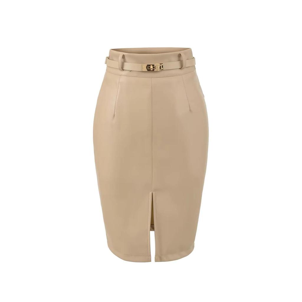 Elegant Korean High-Waisted Front Slit PU Leather Midi Skirt with Belt – Sexy, Bodycon, Hip-Hugging for Autumn & Winter