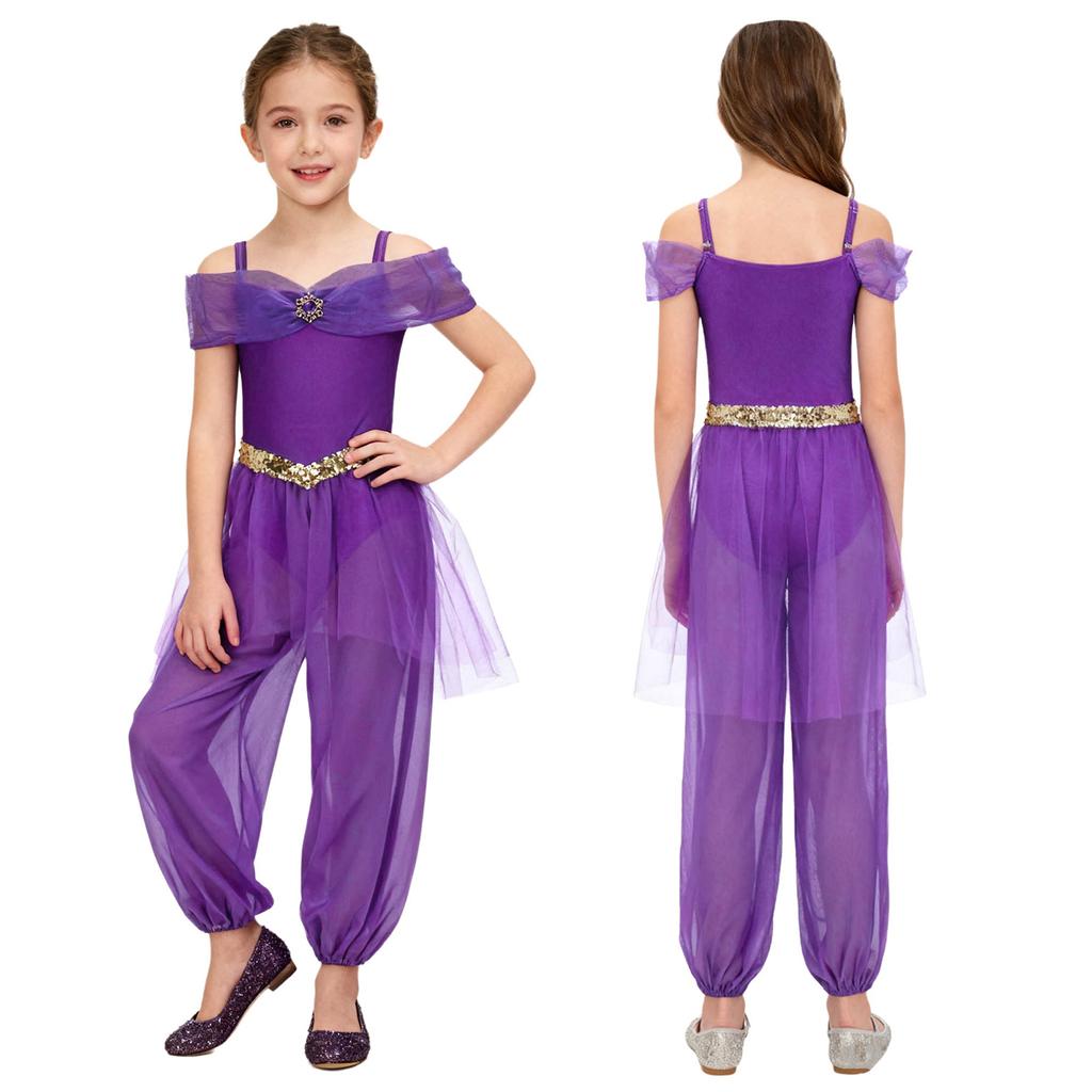 Costume Principessa Araba per Bambine e Ragazze Spalline Regolabili con Strass Paillettes Fascia Decorativa in Vita Sovrapposizione in Rete Pantaloni Lunghi con Slip Integrati per Cosplay