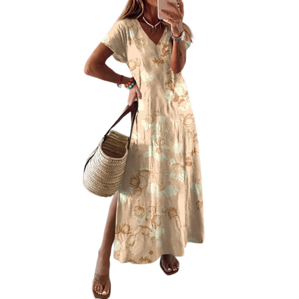 Women Summer Floral Dress Short Sleeve Beach Dress With Pockets Casual V-Neck Split Long T-Shirt Dress Travel Vacation