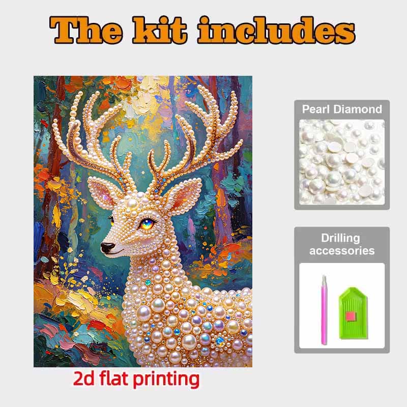 Pearl Painting Kit, 5D Pearl Shaped Diamond Elegant Deer Painting Kit Suitable for Home Living Room, Bedroom, Study Room and Wall Art Gifts