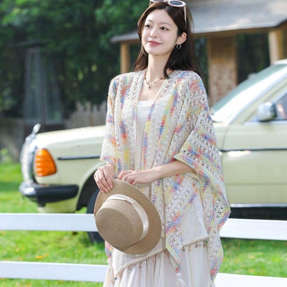 Colorful Ethnic Style Tassel Shawl Thin Beach Scarf Vintage Sunscreen Crochet Cardigan  Outdoor