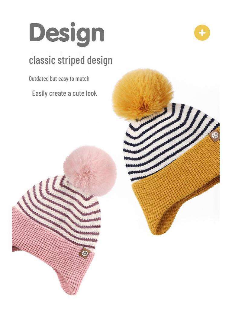 Kinder Pompon Ohrenklappenmütze, Schal & Handschuhe Set - Gestreckt gestrickt für Herbst- & Winterwärme