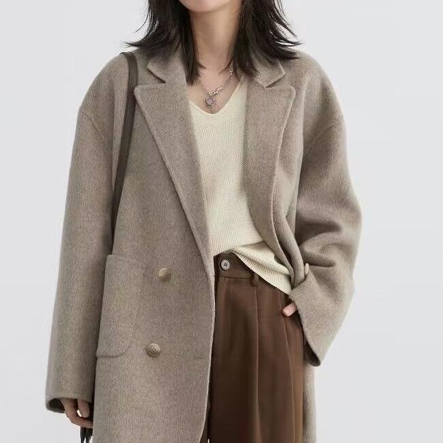 Kurzer Damen-Doppelseitiger Wollmantel mit Anzugkragen und Elasthan, Winter-Übermantel