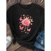 European Size Women'S Elegant Pink Rose and Butterfly Print T-Shirt | Short-Sleeve Crew Neck Casual Top,Spring/Summer Floral Shirt,Casual Wear