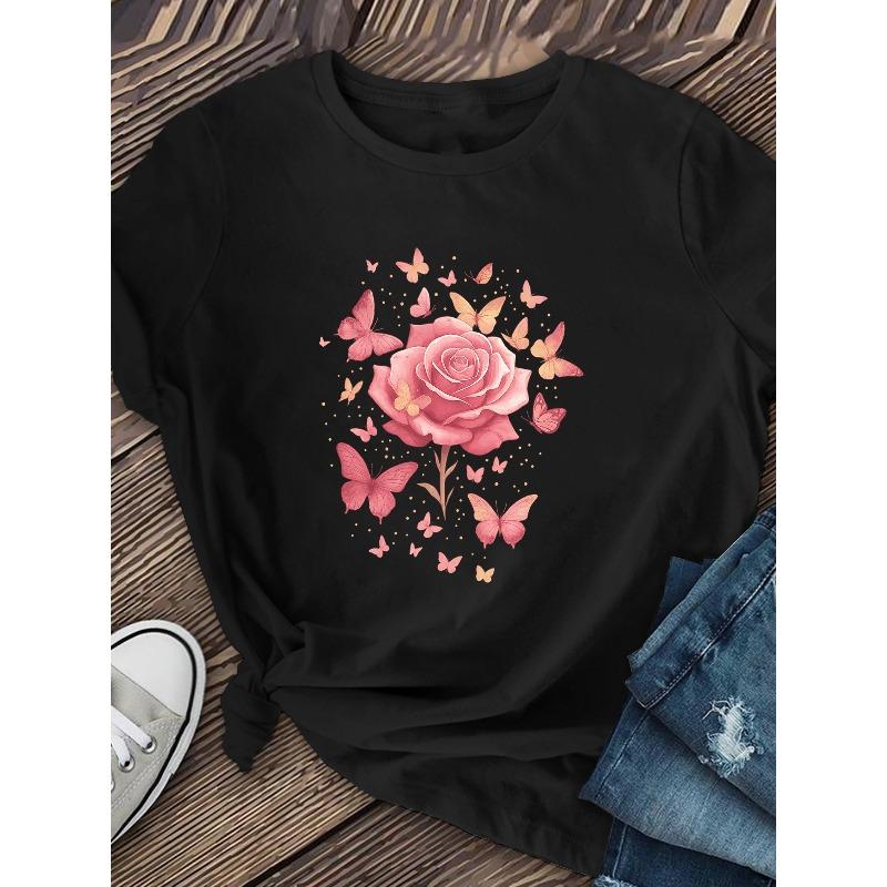European Size Women'S Elegant Pink Rose and Butterfly Print T-Shirt | Short-Sleeve Crew Neck Casual Top,Spring/Summer Floral Shirt,Casual Wear