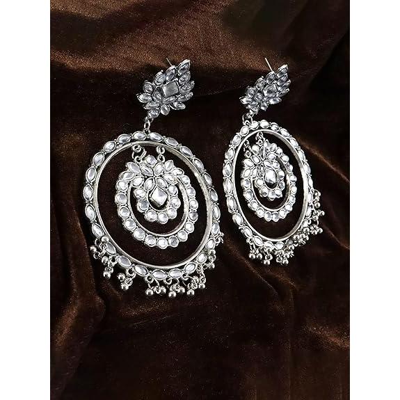 Oxidized Mirror Work Silver Afghani Stylish Flower Double Round Traditional Handcrafted Chandbali Earrings For Women And Girls