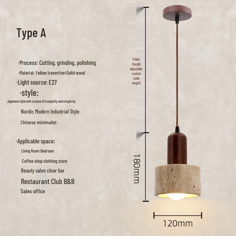 Retro Cream Wabi-Sabi Style Bedside Pendant Lamp with Yellow Travertine for Bedroom or Bar Counter Warm Light