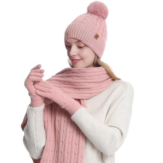 3Pcs/Set Women Hat Scarf Gloves Set Solid Color Twist Texture Thermal Lining Pompon Design Knitting Hat Long Scarf Gloves Set
