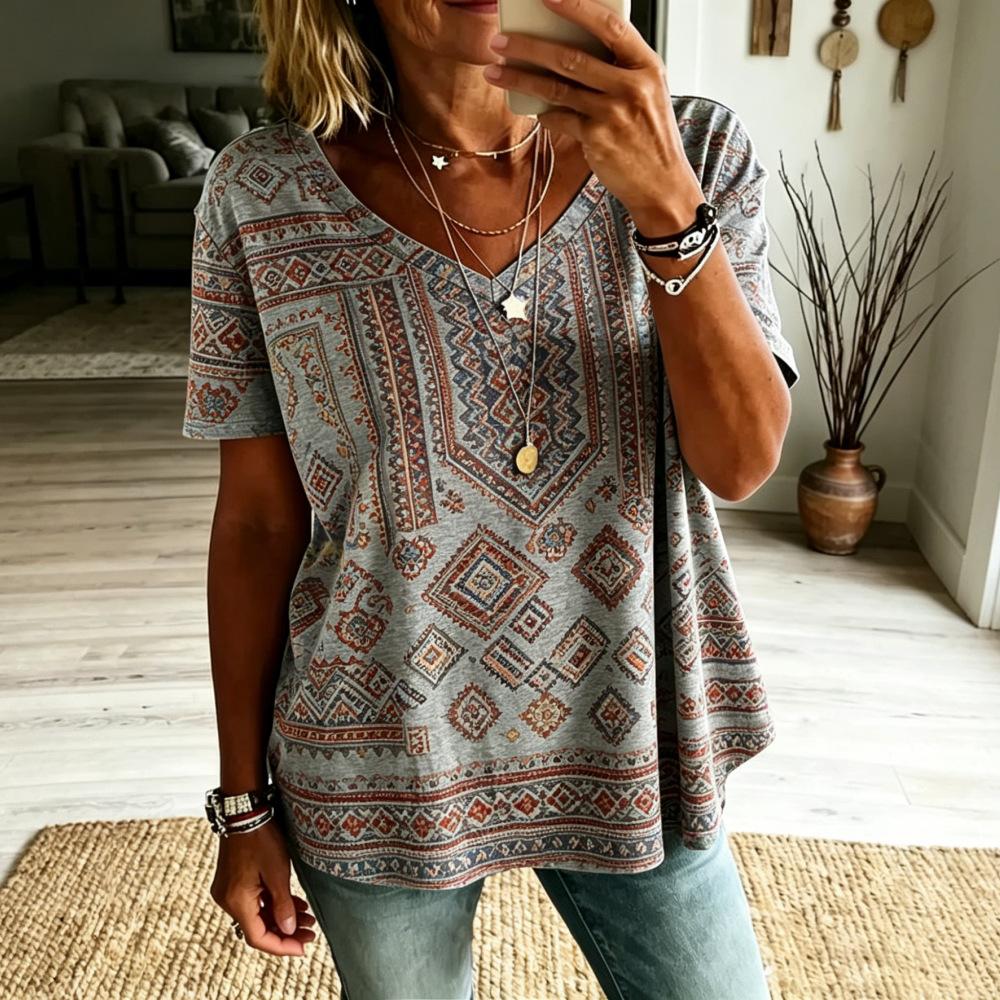 Women Boho Paisley Print Blouse V‑Neck Short Sleeve Ethnic Retro Loose Plus Size Casual Summer Tunic Top