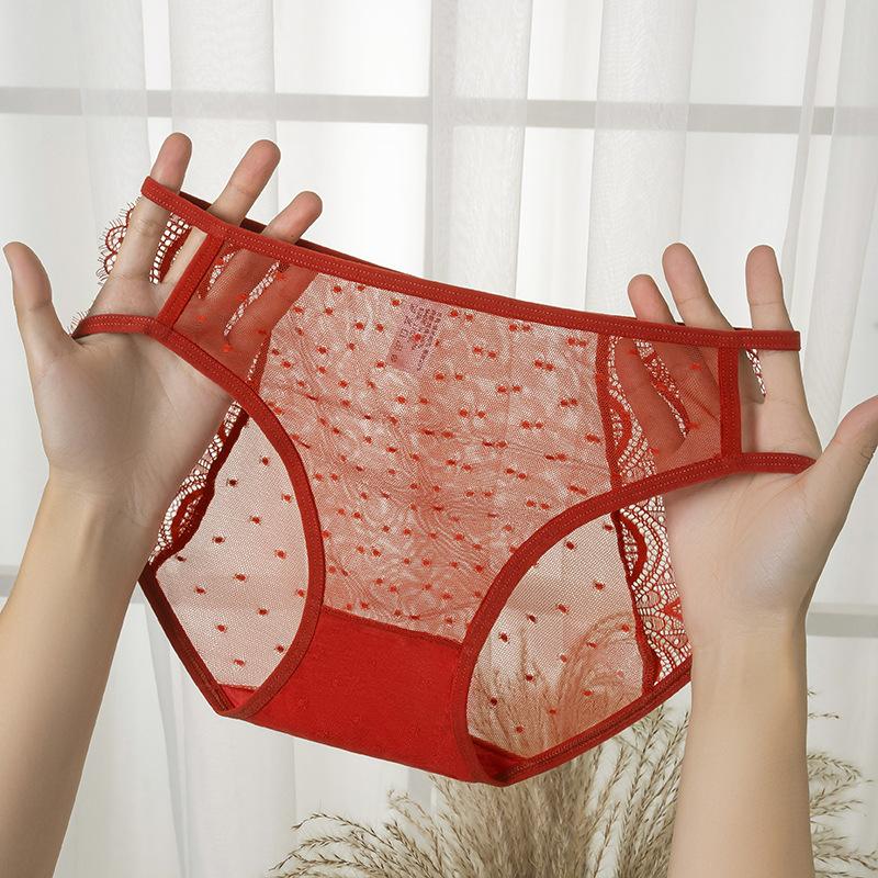 Female Summer New Style This Year Red Sexy Lace Satin Semi Transparent Hollow Mesh Gauze Triangle Briefs
