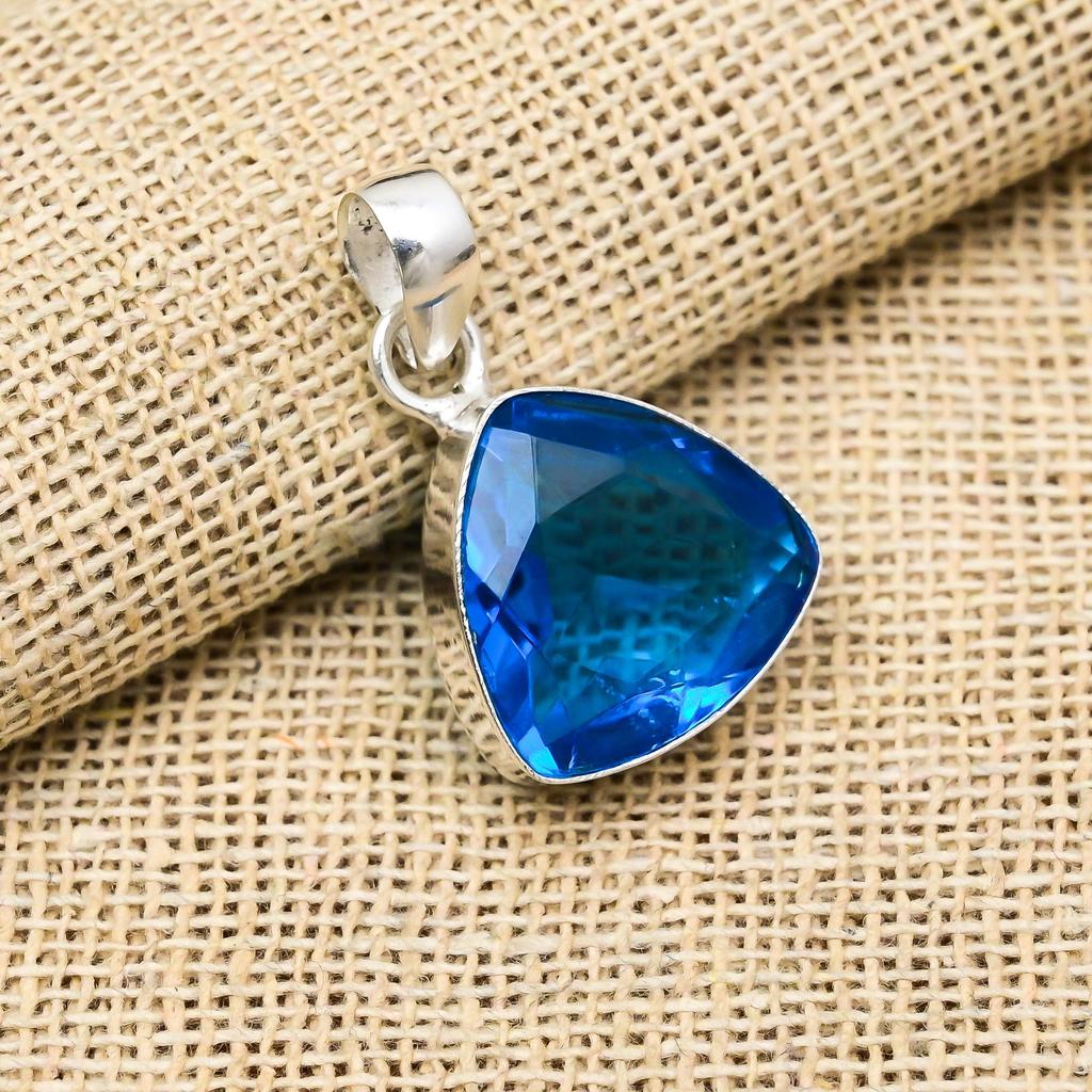 Blue Topaz Gemstone Handmade 925 Sterling Silver Jewelry Pendant For Engagement Gift