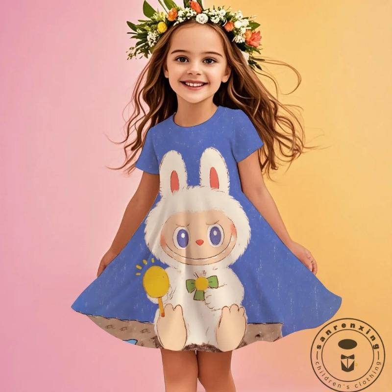 

MINISO Новое летнее платье для девочек Labubu с 3D-принтом, модное, мультяшное, милое, принцесса, одежда для девочек, юбка, вечеринка, Labubu 130