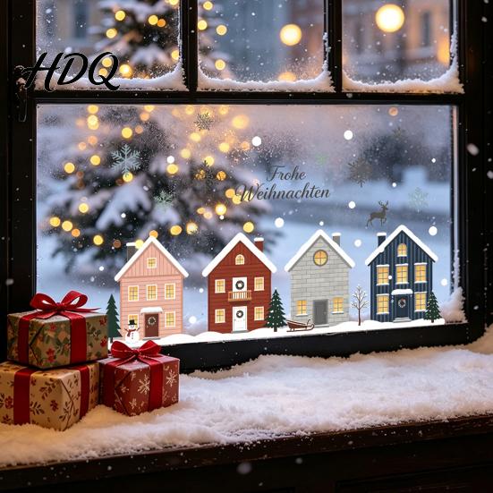 Elk Fir Tree Stickers 2Pcs Christmas Snowy House Static Window Clings, Snowflake Deer Glass Reusable Festive Decals Decals, No-Adhesive for Home Cafe