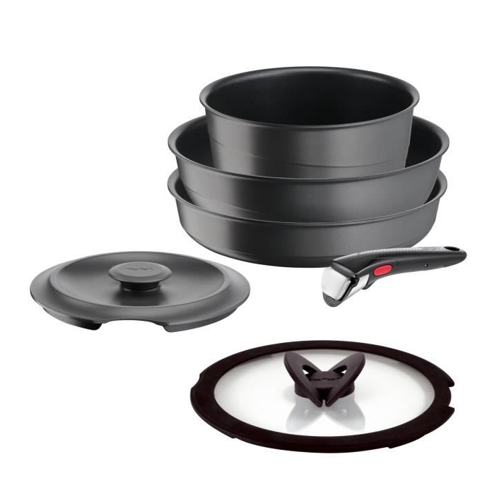 TEFAL INGENIO Lot 6 Pièces, Induction, Fonte Aluminium, Antiadhésif, Poêle, Cocotte, Couvercle Fonte + Verre, Inspiration L867S604