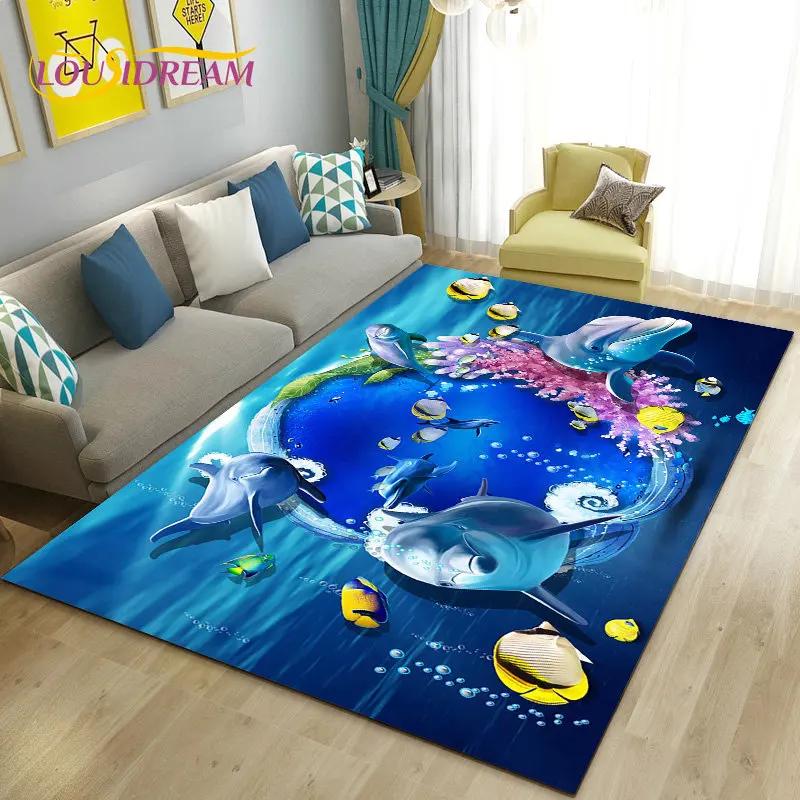 Seabed Illusion Underwater World  Dolphin Shark  Area Rug ,Carpet Rug for Living Room Bedroom Sofa Doormat Non-slip Floor Mat