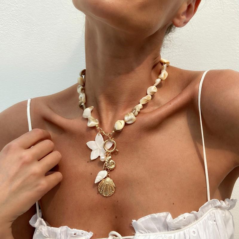Beach Shell Star Alloy Pendant Necklace Set Women Gold Tone Clavicle Chain With Natural Seashell Charm 01 Gold-tone Necklace 7143