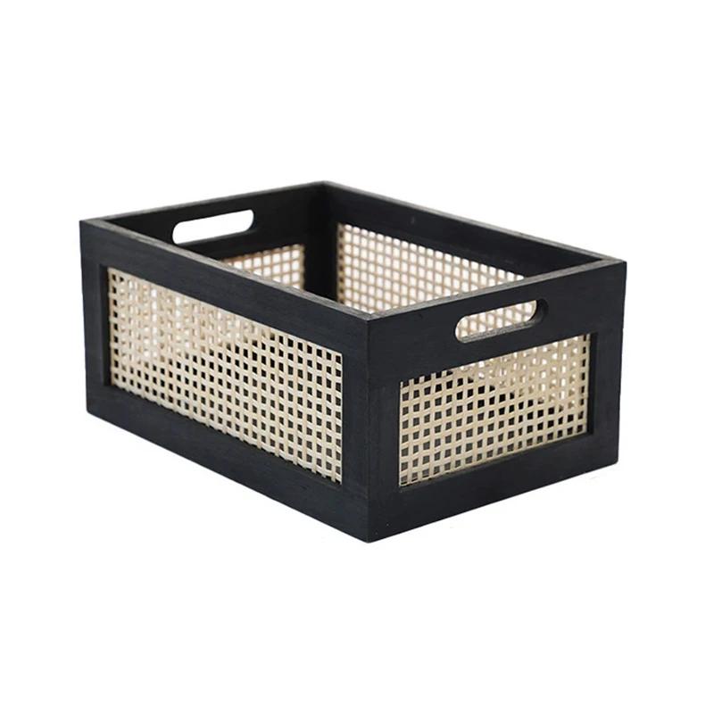 Scatola portaoggetti da scrivania in legno massello da cucina Cesto in rattan retrò Organizzatore per libri, snack, cosmetici Elettrodomestici Accessori per il bagno