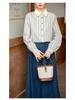 Women's Blue Striped Shirt with Contrast Collar, Retro Hong Kong Style, Loose Fit, Long Sleeve, 2026 Spring Design
