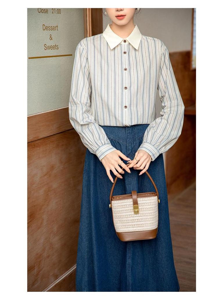 Women's Blue Striped Shirt with Contrast Collar, Retro Hong Kong Style, Loose Fit, Long Sleeve, 2026 Spring Design