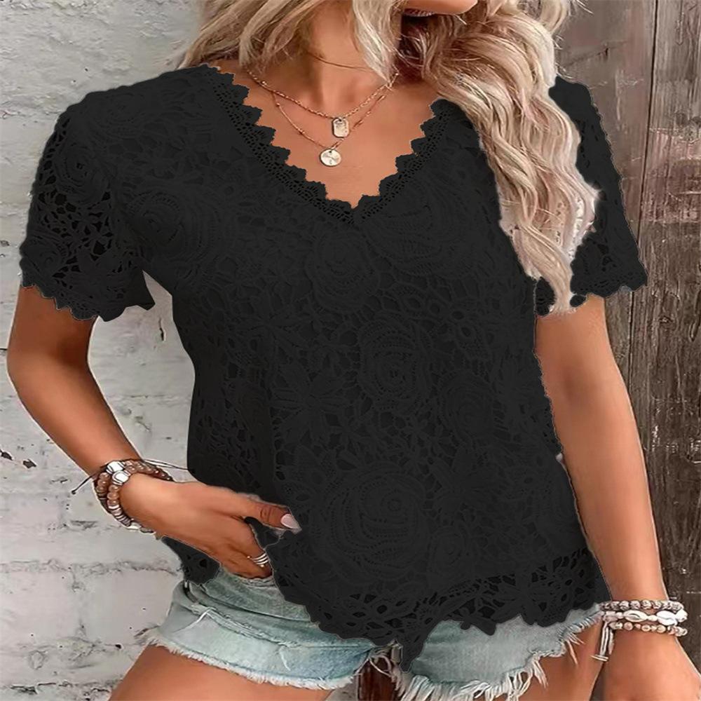 New European and American women's fashion top T-shirt lace lace short sleeve women