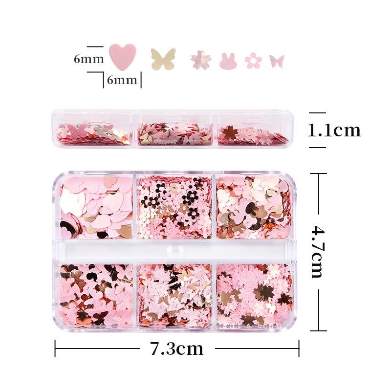 6 mřížek smíšené Valentýnské nail art flitry lesklé červené srdce s třpytivými vločkami na nehty potřeby pro profesionály příslušenství
