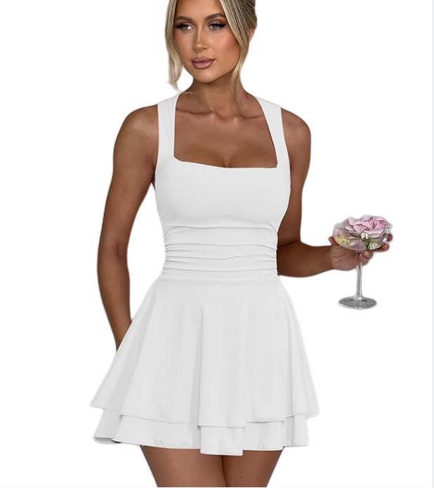 2025 Women's Square Neck Pleated Waist Mini Dress