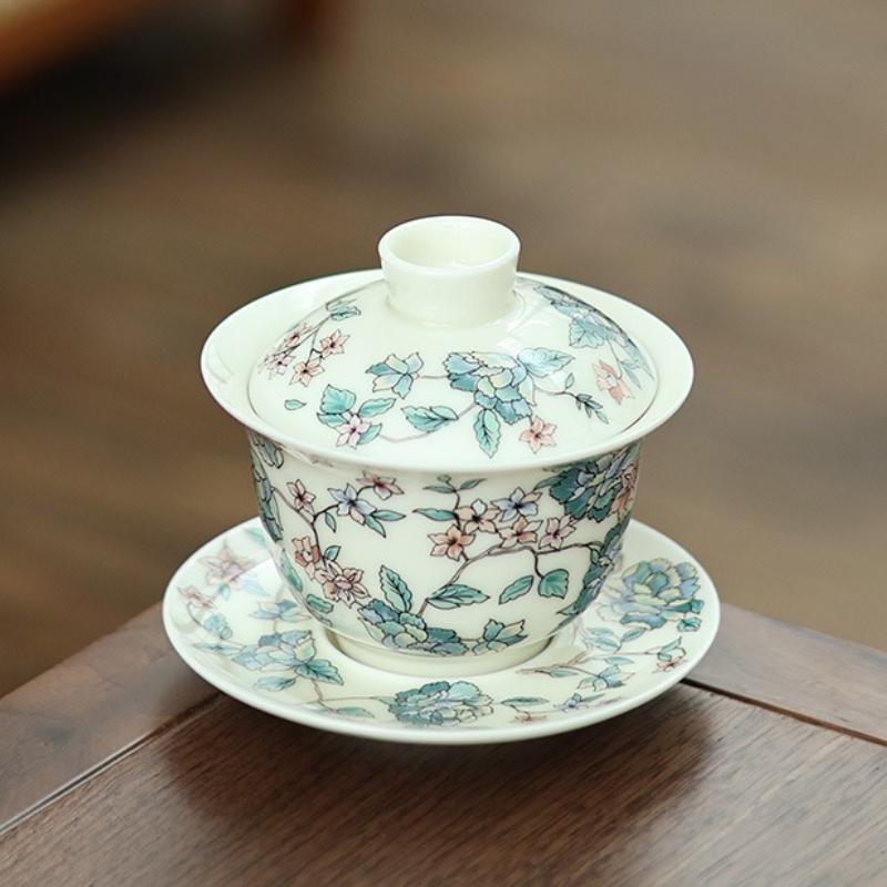 Porcelain Camellia Pattern Tea Tureen Kungfu Tea Cup Set Tea Infuser Traditional with Cover Teacup Tea Sealed Storage Jar