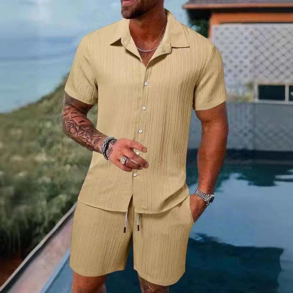 Summer Men's Solid Color Comfortable Casual Shirt Short Sleeved Beach Pants Set
