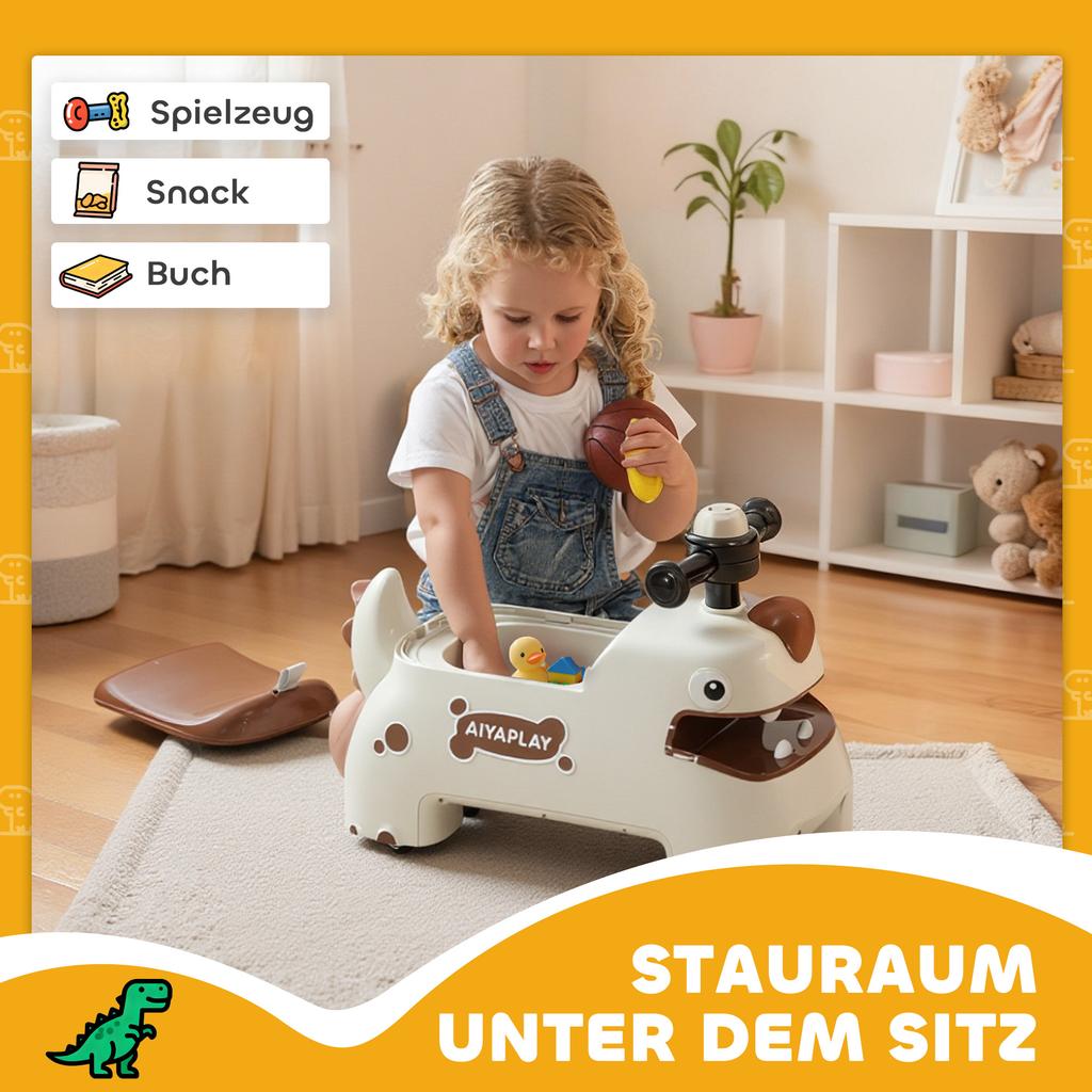 Kids Ride On Car, Dinosaur Foot To Floor Slider with Storage, Toddler Walker with Light, Sounds, Cream