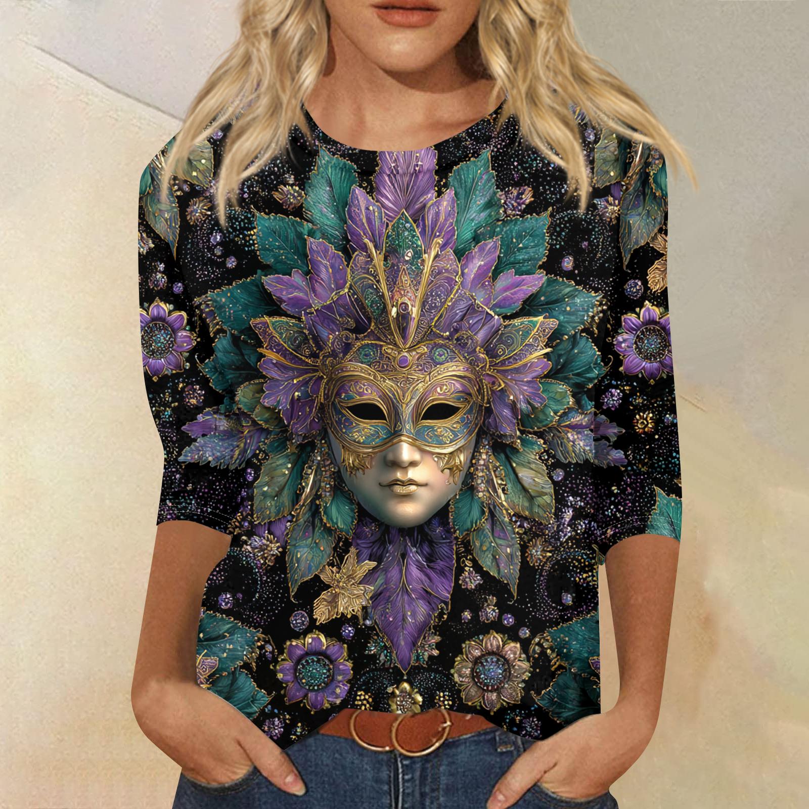 

Women s Fashion Casual Round Neck Three-quarter Sleeve Carnival Print T-shirt Top XXXXL