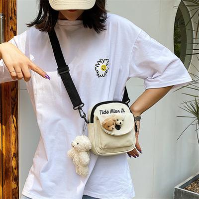 Fashiable Letter Canvas Phe Crossbody Bag with 2 Cute Bear Pins, Stylish Student Harajuku Shoulder Bags for Women Daily Use