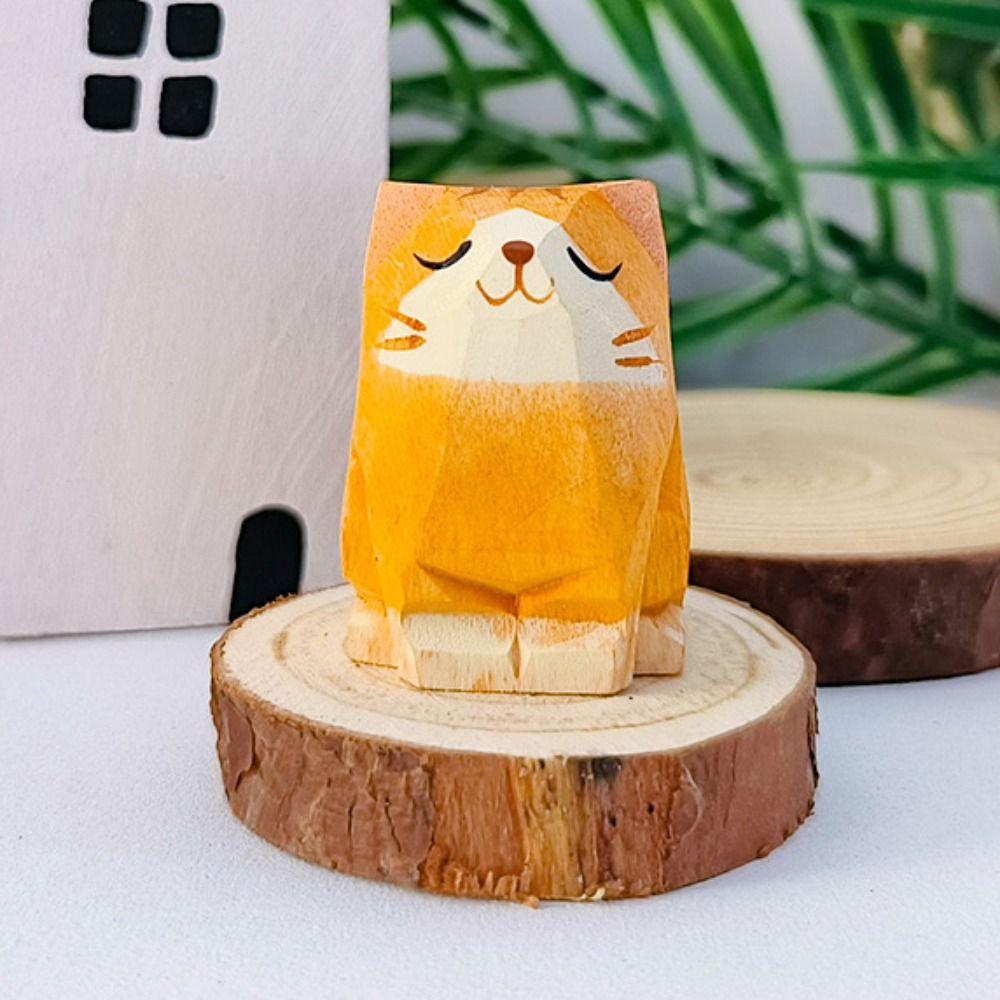 Cartoon Animal Carving Cat Statue Carved Car Ornament Creative Wood Bear Figurine