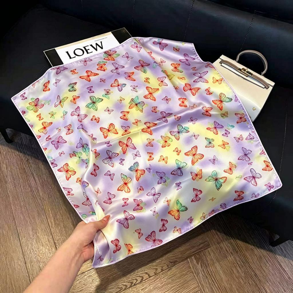 71Cm New Chinese Simulation Silk Square Scarf Soft and Skin-friendly Ink Flower Rhyme Printing Silk Scarf Neck Sunscreen Small Scarf