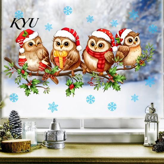 PVC Window Decorations 1/2 Sheets Christmas Cartoon Owl Cling, Standing on Branch Bird Holiday Glass Decals Static Sticker, Removable Waterproof