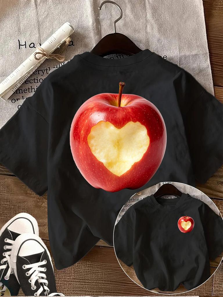 Rotes Apfel Herz Muster Damen T-Shirt Süßes Früchte Grafik T-Shirt Lässig Kurzarm Rundhals Locker Sommer Ästhetisches Oberteil Vintage