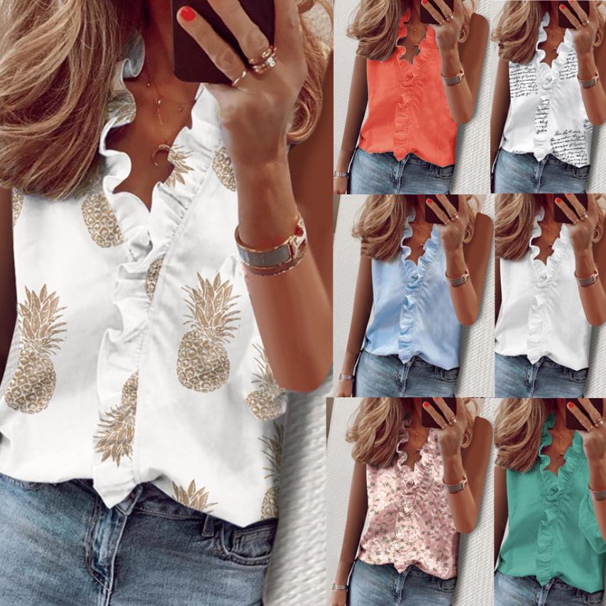 Women's Ruffle V Neck Sleeveless Blouse Casual Printed Summer Tank Top