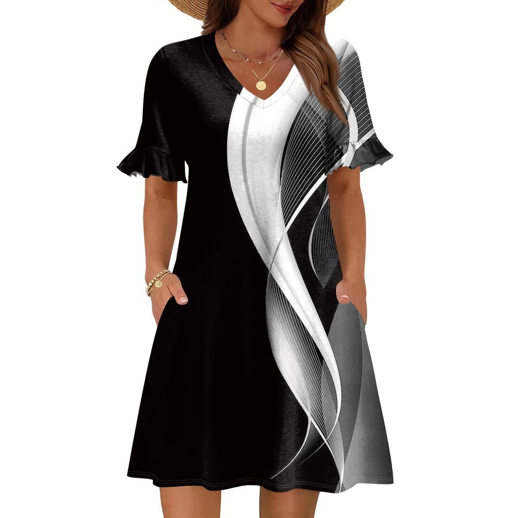 Robe d'été trapèze pour femme à manches courtes et col en V imprimée avec poches